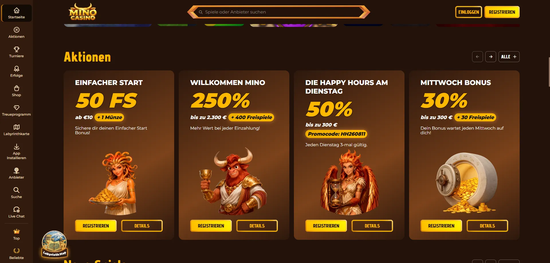 Mino Casino Willkommensbonus bis &euro;1.500 plus 250 Freispiele